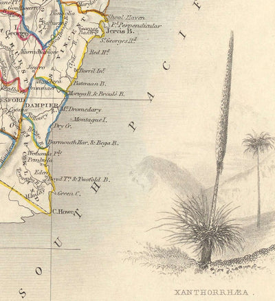 Antiguo mapa de Nueva Gales del Sur, Australia 1851 por Tallis & Rapkin - Sydney, Newcastle, Brisbane, Botany Bay, condados de NSW