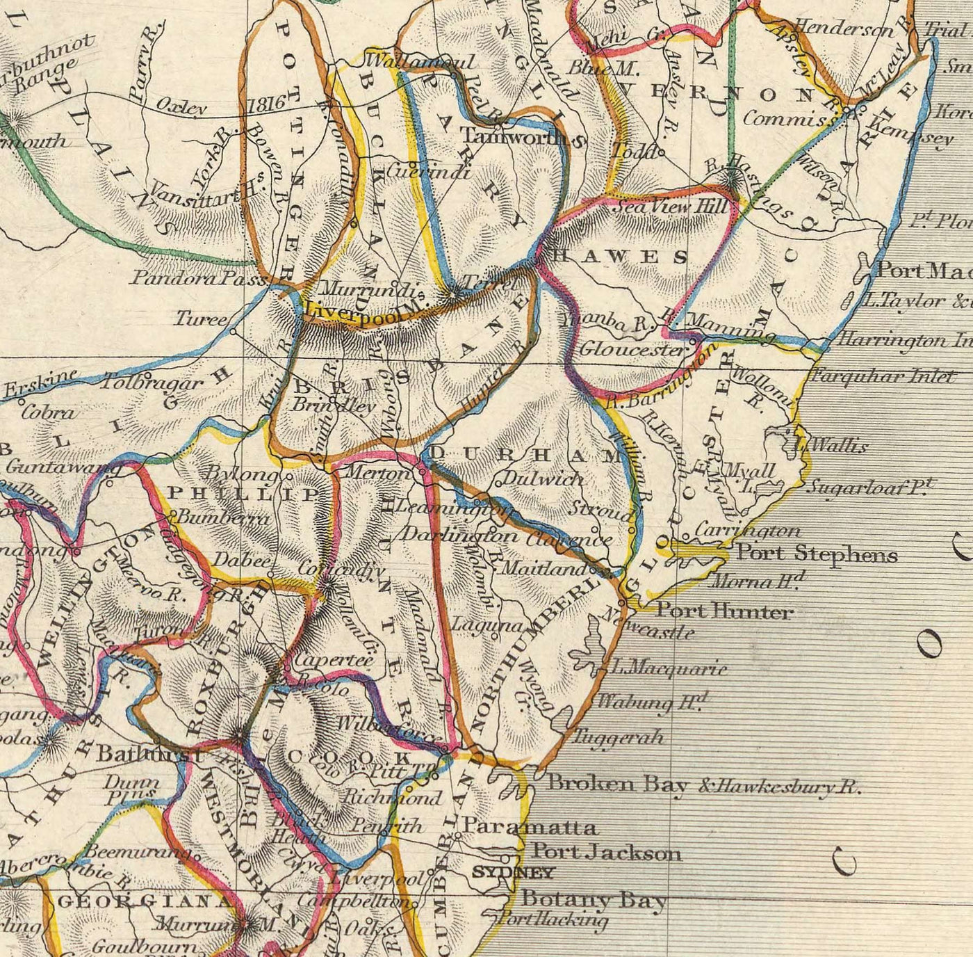 Ancienne carte de la Nouvelle-Galles du Sud, Australie 1851 par Tallis & Rapkin - Sydney, Newcastle, Brisbane, Botany Bay, comtés NSW