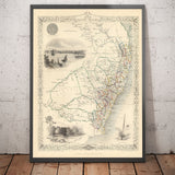 Old Map of New South Wales, Australia 1851 by Tallis & Rapkin - Sydney, Newcastle, Brisbane, Botany Bay, NSW Counties