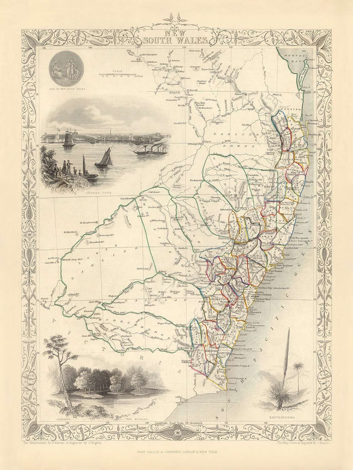 Ancienne carte de la Nouvelle-Galles du Sud, Australie 1851 par Tallis & Rapkin - Sydney, Newcastle, Brisbane, Botany Bay, comtés NSW