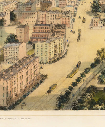 Alte Vogelbeobachtungskarte von New York 1849 - Lower Manhattan, Soho, Noho, Union Square, Broadway, Batteriepark, Ellis Island