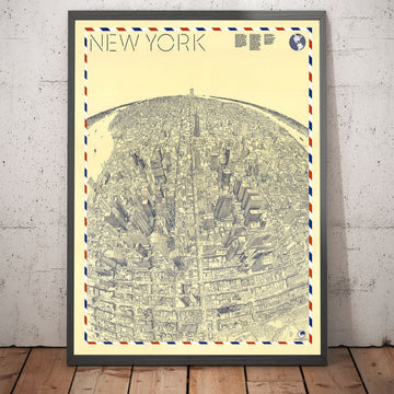 Old Birds Eye Map of New York in 1982 - Manhattan, Midtown, Empire State, Chrysler, Twin Towers, Central Park 5th Avenue