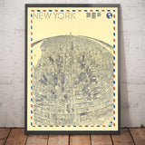 Old Birds Eye Map of New York in 1982 - Manhattan, Midtown, Empire State, Chrysler, Twin Towers, Central Park 5th Avenue