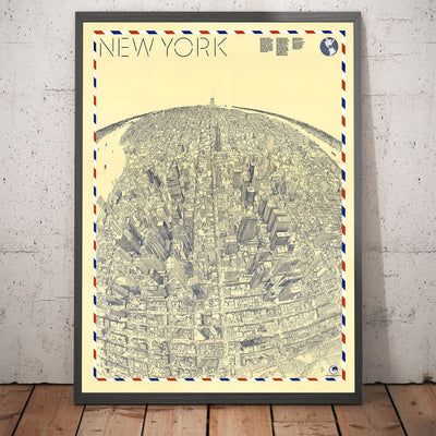 Alte Vogelbeobachtungskarte von New York 1982 - Manhattan, Midtown, Empire State, Chrysler, Twin Towers, Central Park 5th Avenue