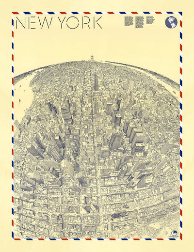 Old Birds Eye Carte de New York en 1982 - Manhattan, Midtown, Empire State, Chrysler, Twin Towers, Central Park 5th Avenue