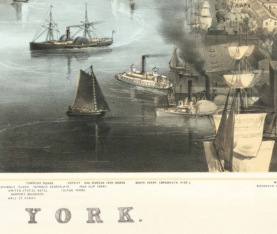 Vecchia mappa Birds Eye di New York City 1856 - Manhattan, Distretto Finanziario, Battery, Fiumi East e Hudson 
