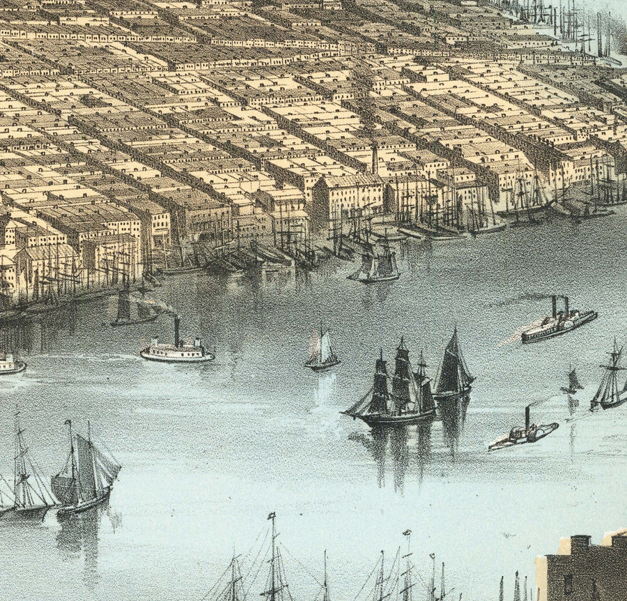 Vecchia mappa Birds Eye di New York City 1856 - Manhattan, Distretto Finanziario, Battery, Fiumi East e Hudson 