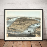 Old Birds Eye Carte de New York City 1856 - Manhattan, District financier, Batterie, East & Hudson Rivers
