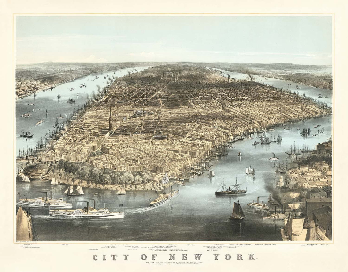 Old Birds Eye Carte de New York City 1856 - Manhattan, District financier, Batterie, East & Hudson Rivers