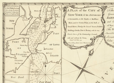 Ancienne carte de New York en 1775 par John Rocque - Rare American Revolution War Art mural - Greenwich, Columbia, Manhattan - Plan militaire britannique