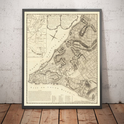 Mapa antiguo de Nueva York en 1775 por John Rocque - Rare American Revolution War Wall Art - Greenwich, Columbia, Manhattan - Plan militar británico