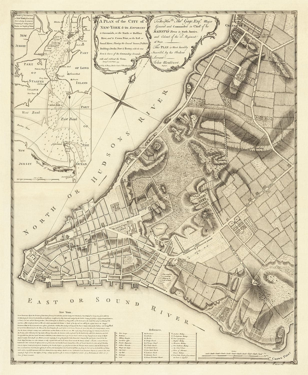 Alte Karte von New York 1775 von John Rocque - Seltener Amerikaner Revolution War Wandkunst - Greenwich, Columbia, Manhattan - Britischer Militärplan