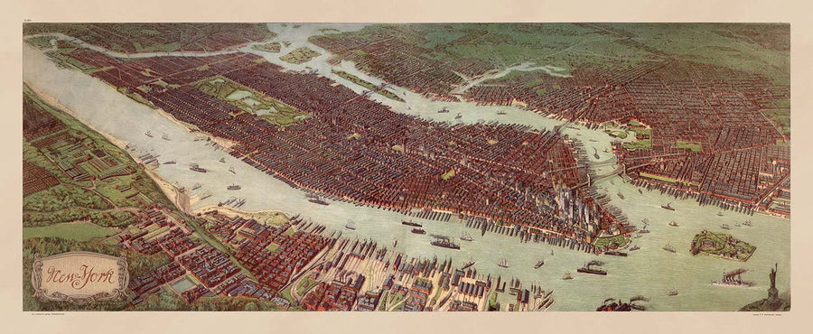 Rara mappa antica di New York, 1908 - Manhattan, Brooklyn, Jersey, i ponti di NYC, moli, Statua della Libertà 