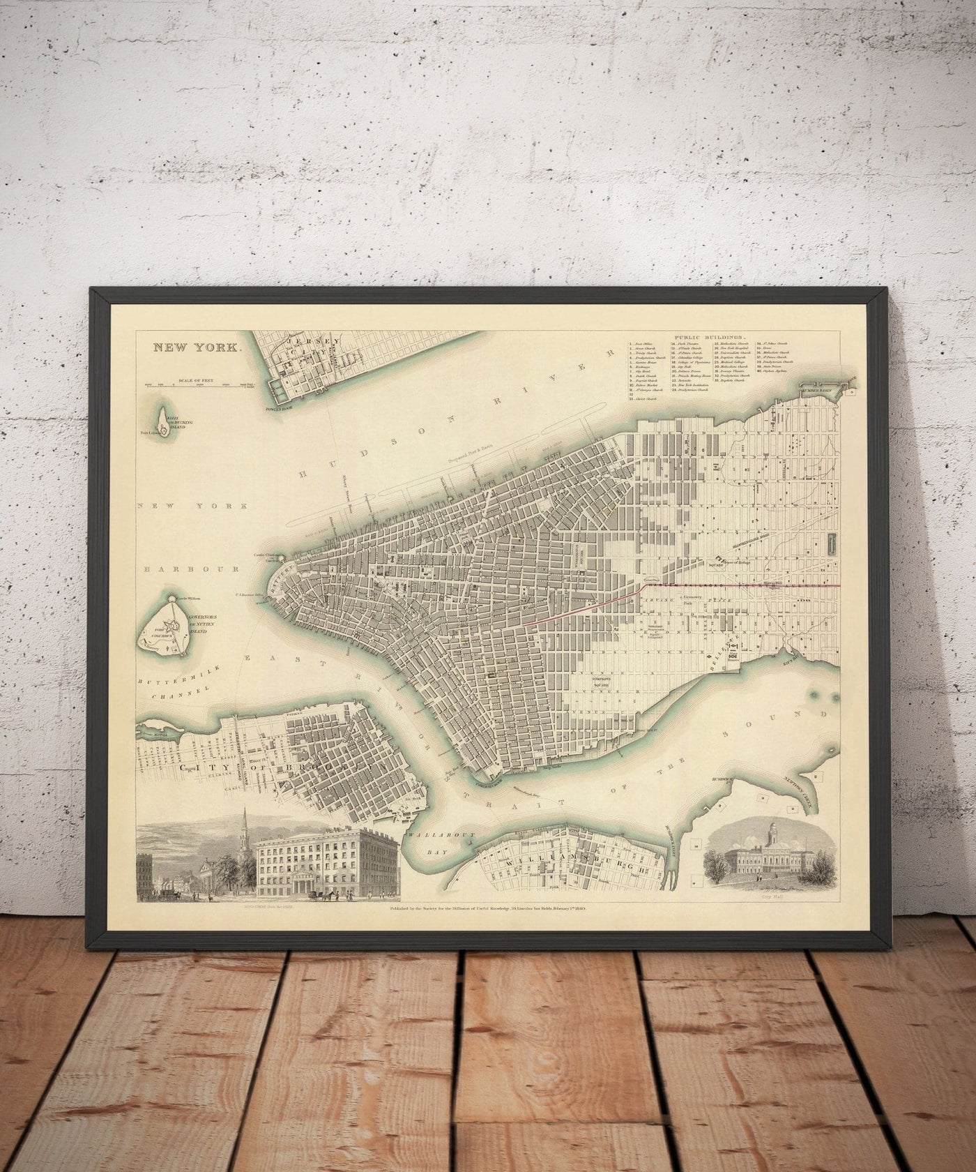 Alte Karte von New York, USA, 1840 - Manhattan, Brooklyn, Williamsburg, Hudson River
