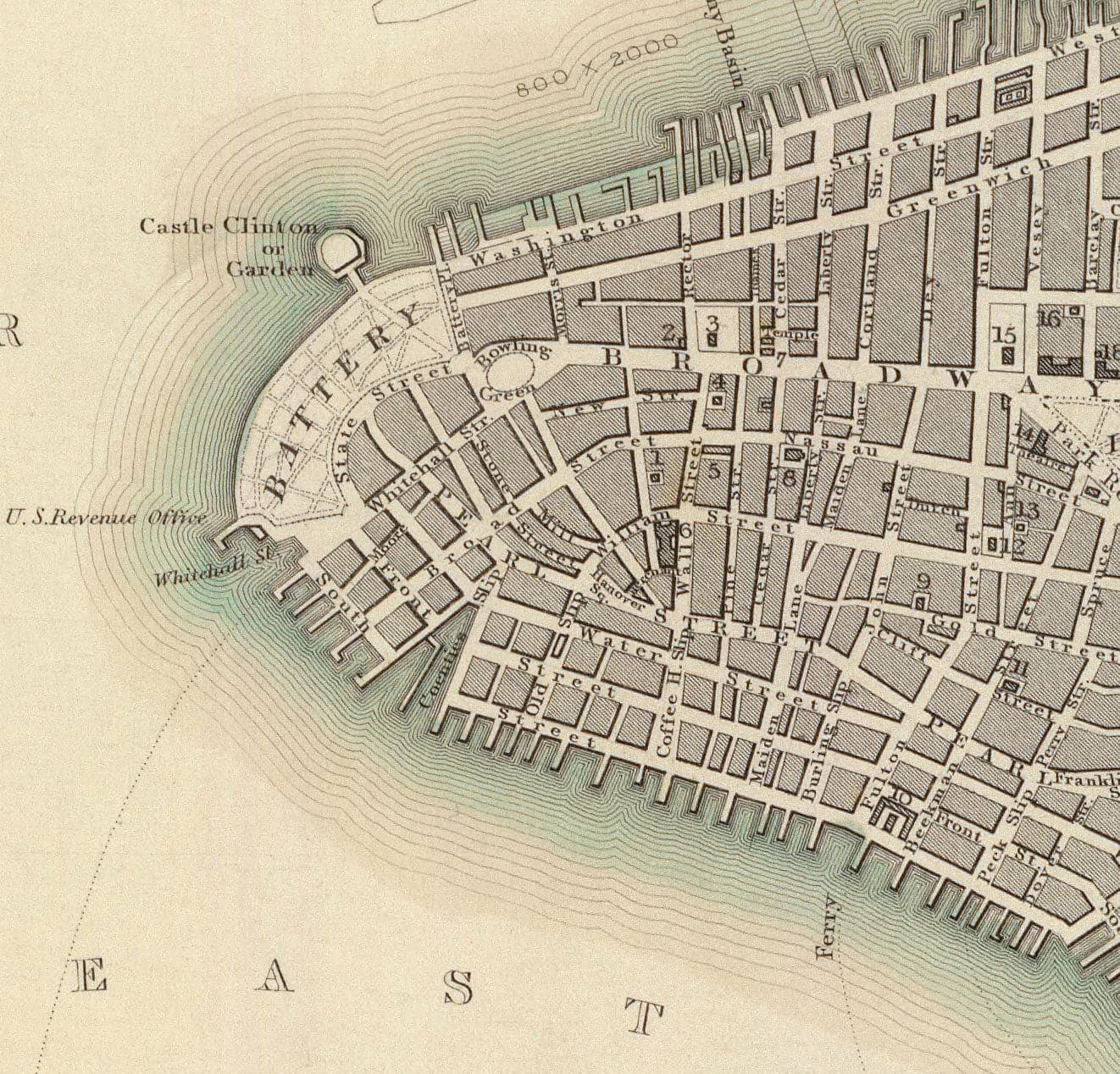 Ancienne carte de New York, USA en 1840 - Manhattan, Brooklyn, Williamsburg, Hudson River