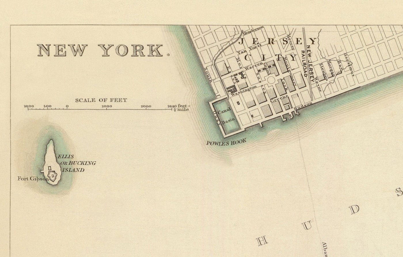 Ancienne carte de New York, USA en 1840 - Manhattan, Brooklyn, Williamsburg, Hudson River