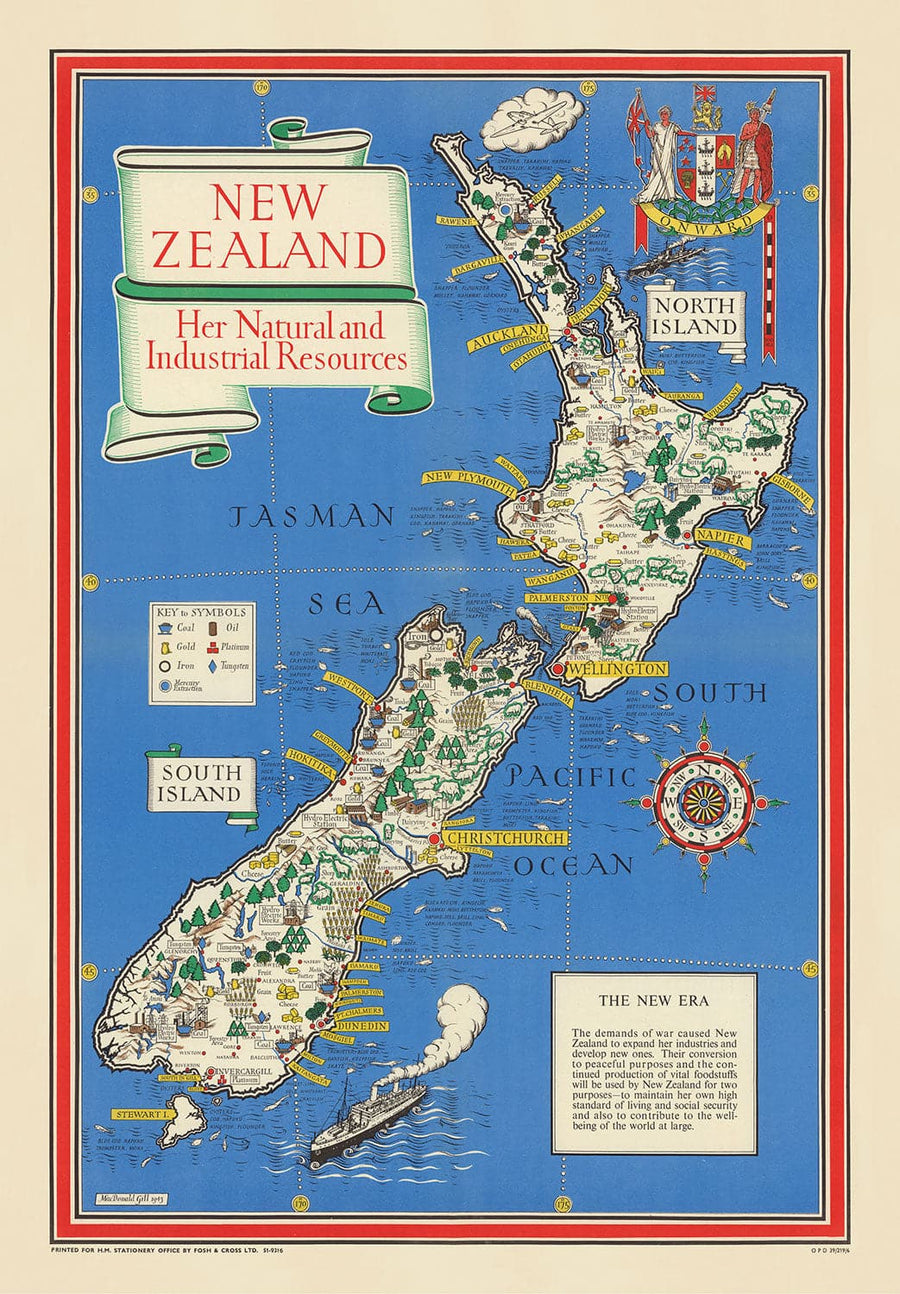 Viejo mapa de Nueva Zelanda, 1943 por Max Gill - Mapa de la Segunda Guerra Mundial del Imperio Británico colonial 2