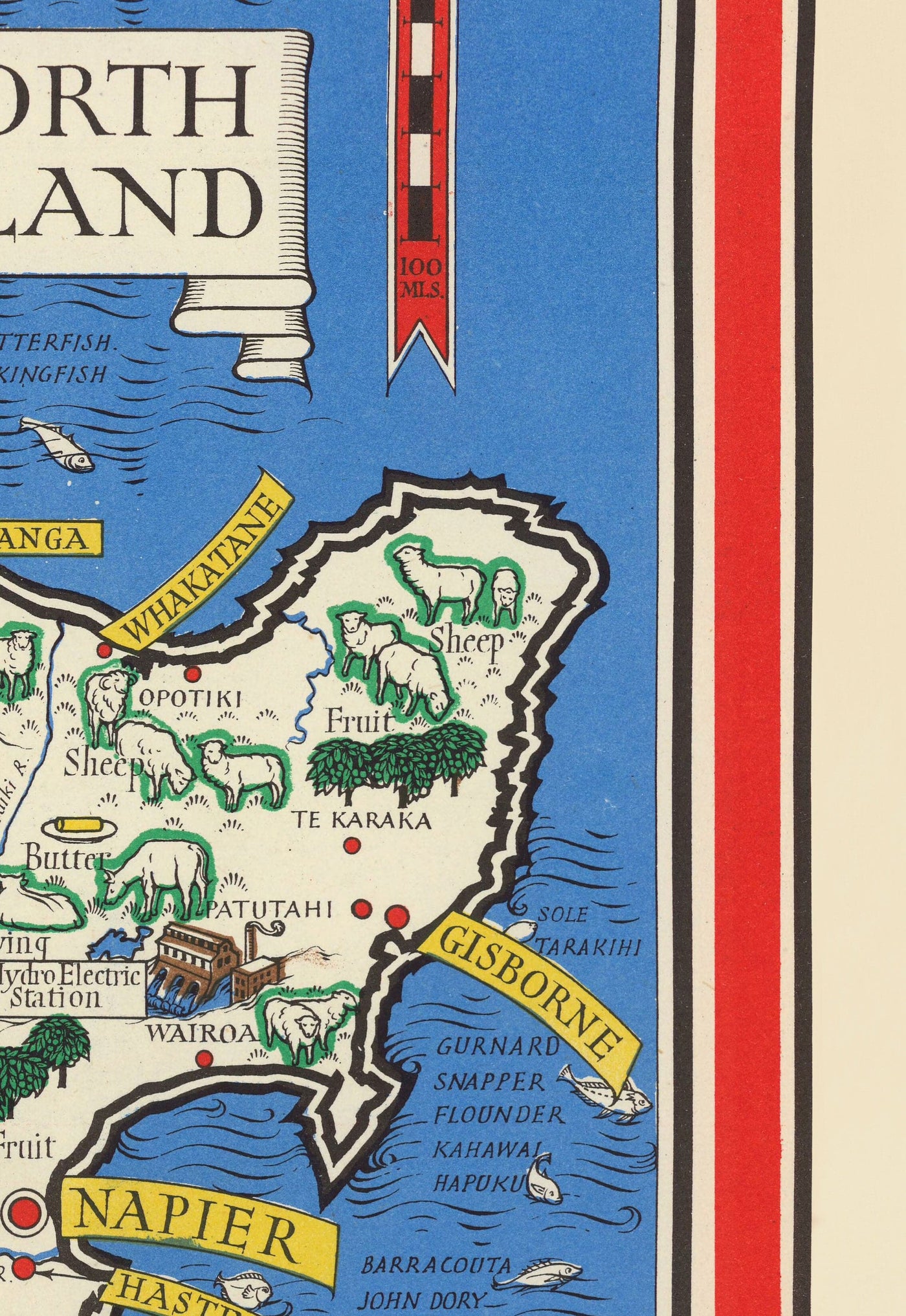 Ancienne Carte de Nouvelle-Zélande, 1943 par Max Gill - Colonial British Empire World Warema Carte