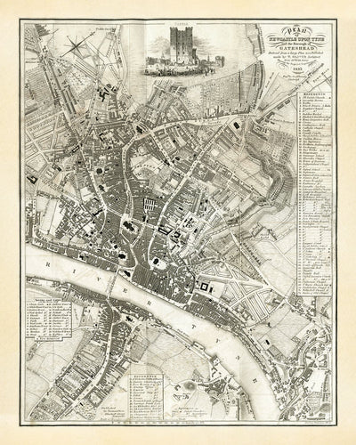 Ancienne carte de Newcastle upon Tyne et Gateshead par Thomas Oliver, 1830