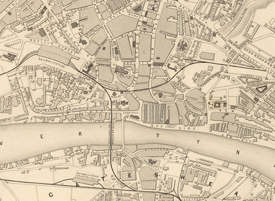 Ancienne carte de Newcastle & Gateshead en 1851 par Tallis & Rapkin