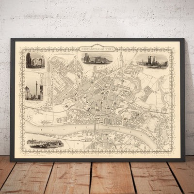 Viejo Mapa de Newcastle & Gateshead en 1851 por Tallis & Rapkin