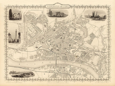 Ancienne carte de Newcastle & Gateshead en 1851 par Tallis & Rapkin