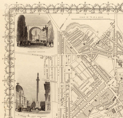 Viejo Mapa de Newcastle & Gateshead en 1851 por Tallis & Rapkin