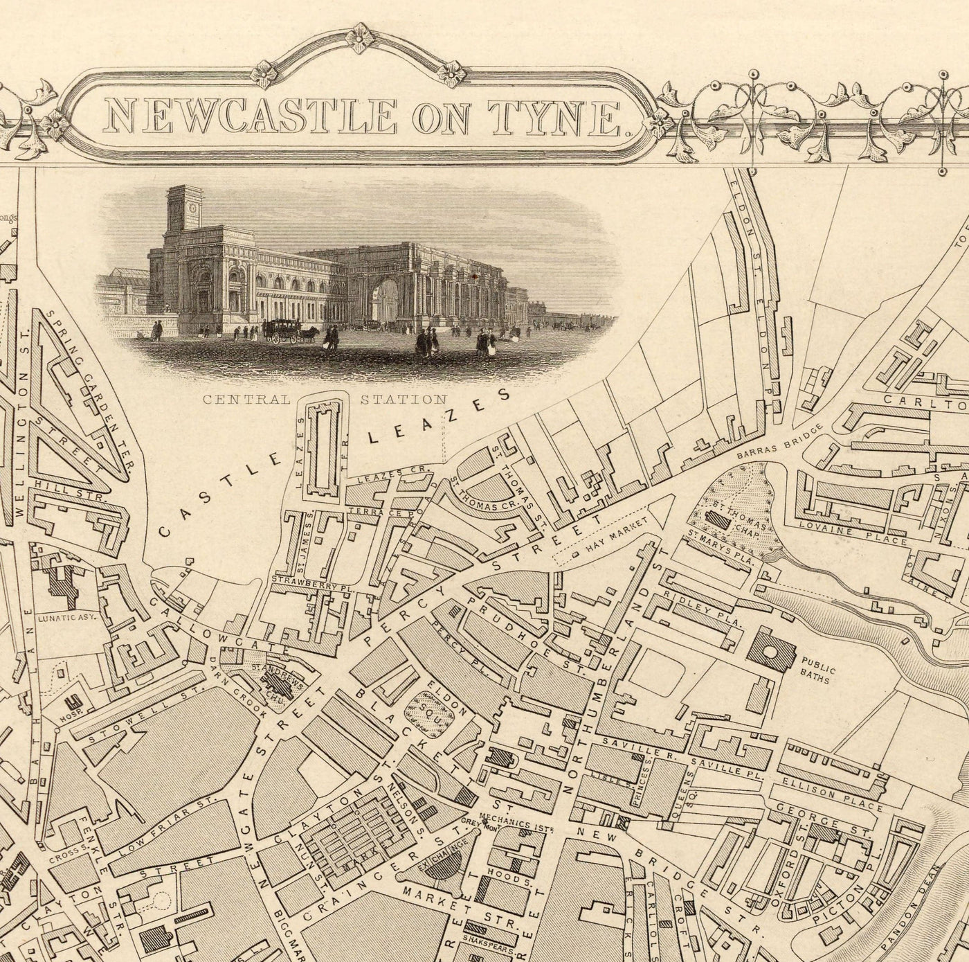 Alte Karte von Newcastle & Gateshead 1851 von Tallis & Rapkin