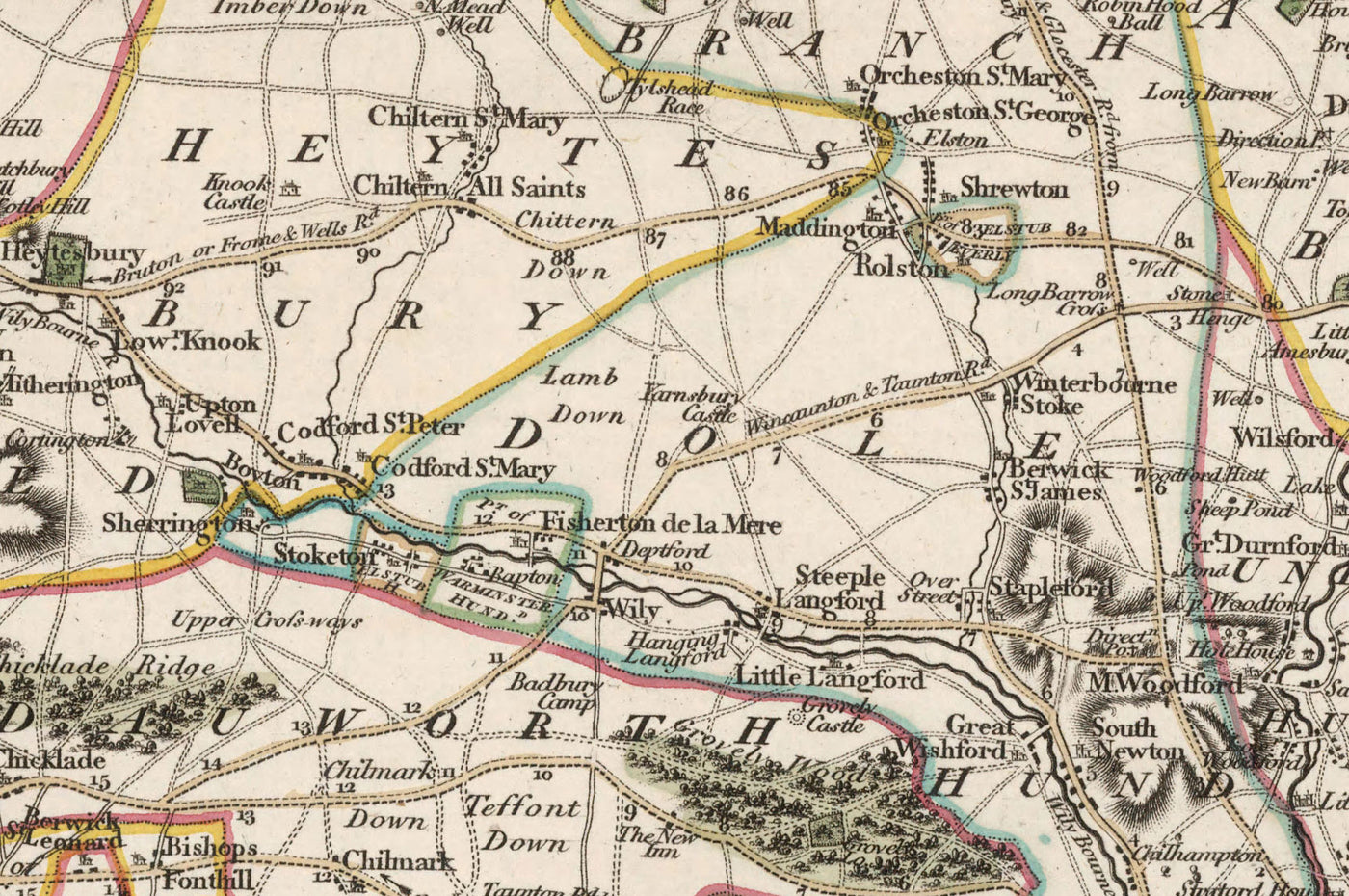 Ancienne carte du Wiltshire en 1801 par John Cary - Swindon, Salisbury, Marlborough, Stonehenge, Trowbridge