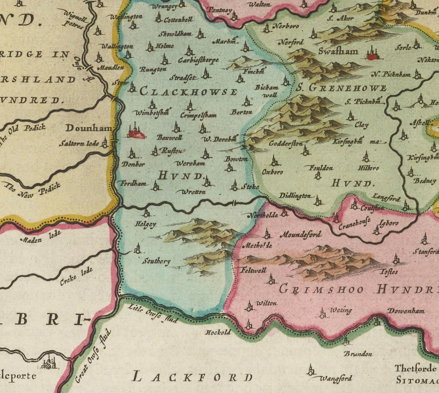 Alte Karte von Norfolk im Jahre 1665 von Joan Blaeu - Norwich, Tolles Yarmouth, King's Lynn, Thetford, Swaffham, Fakenham, East Anglia