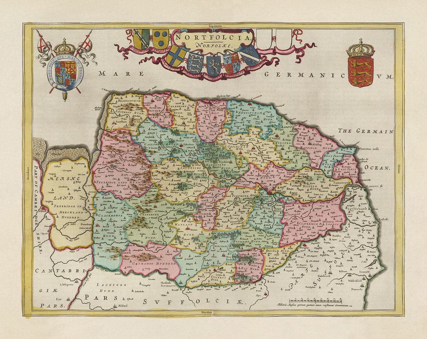 Ancienne carte de Norfolk en 1665 par Joan Blaaeu - Norwich, Great Yarmouth, King's Lynn, Thetford, Swaffham, Fakenham, East Anglia