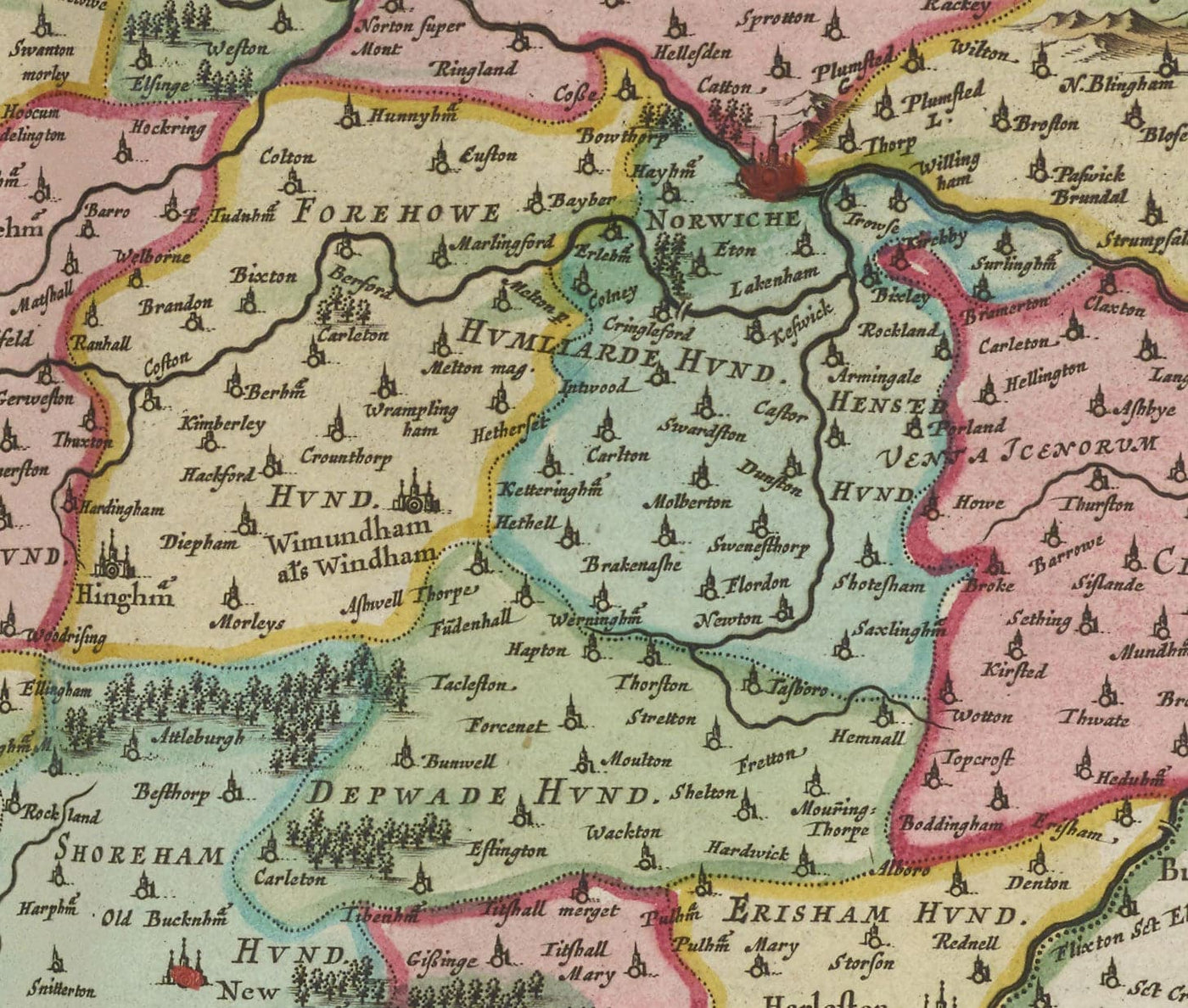 Viejo mapa de Norfolk en 1665 por Joan Blaeu - Norwich, Gran Yarmouth, King Lynn, Thetford, Swaffham, Fakenham, East Anglia