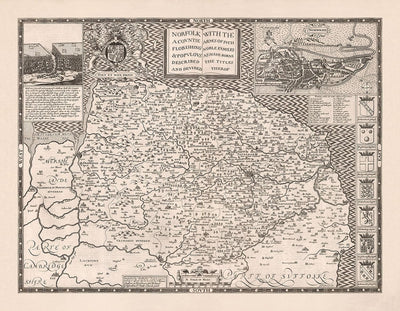 Ancienne carte de Norfolk, 1611 de John Speed ​​- Norwich, Great Yarmouth, King's Lynn, Thetford, Fakenham