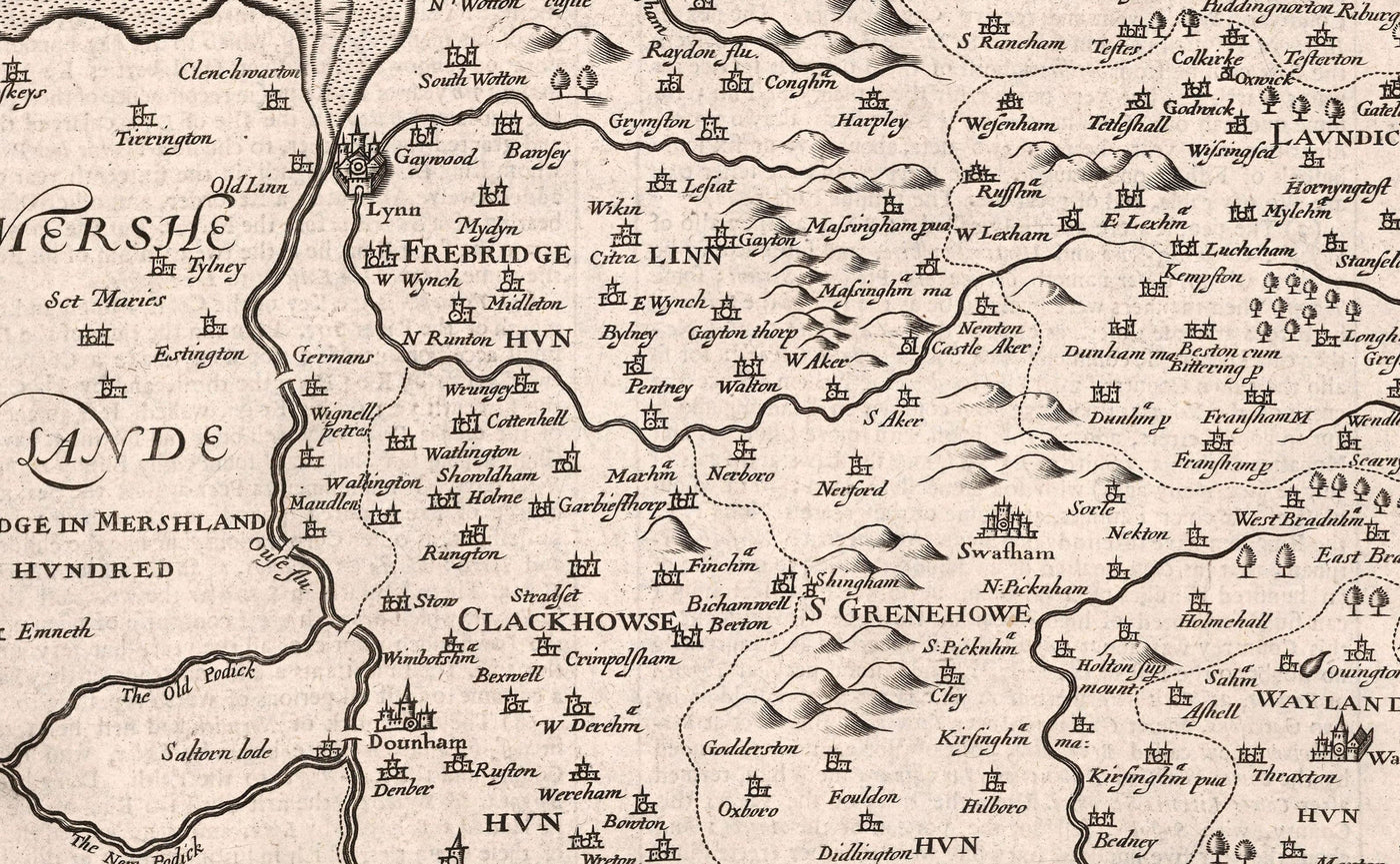 Viejo mapa de Norfolk, 1611 de John Speed ​​- Norwich, Great Yarmouth, King's Lynn, Thetford, Fakenham