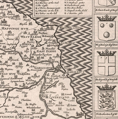 Viejo mapa de Norfolk, 1611 de John Speed ​​- Norwich, Great Yarmouth, King's Lynn, Thetford, Fakenham