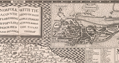 Ancienne carte de Norfolk, 1611 de John Speed ​​- Norwich, Great Yarmouth, King's Lynn, Thetford, Fakenham