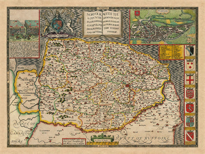 Ancienne carte de Norfolk, 1611 par John Speed ​​- Norwich, Great Yarmouth, King's Lynn, thetford
