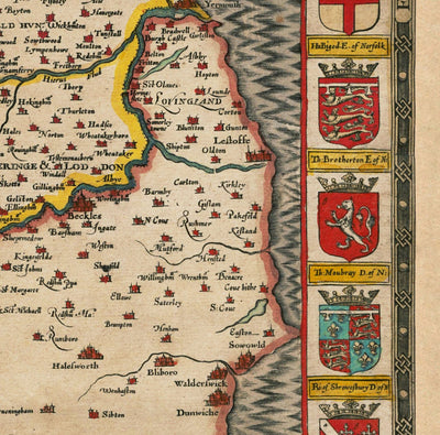 Alte Karte von Norfolk, 1611 von John Speed ​​- Norwich, Great Yarmouth, King's Lynn, Thetford
