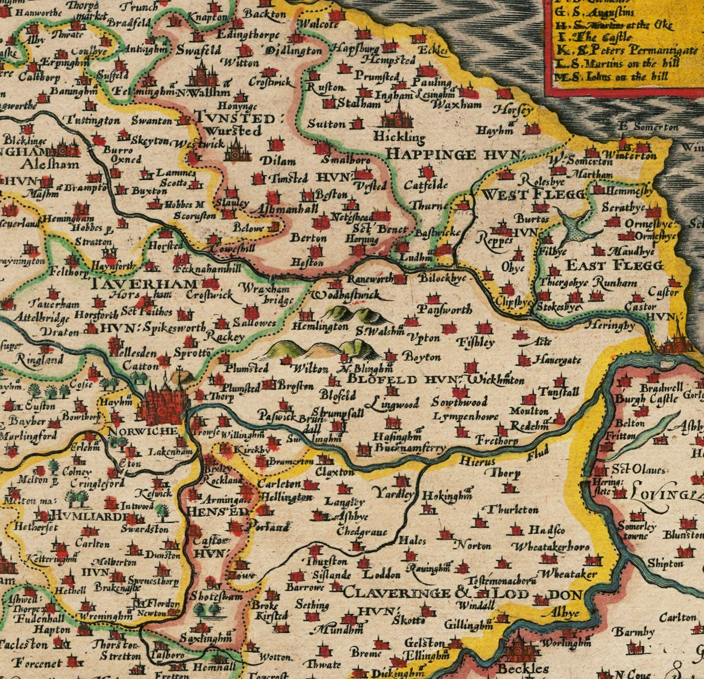 Ancienne carte de Norfolk, 1611 par John Speed ​​- Norwich, Great Yarmouth, King's Lynn, thetford