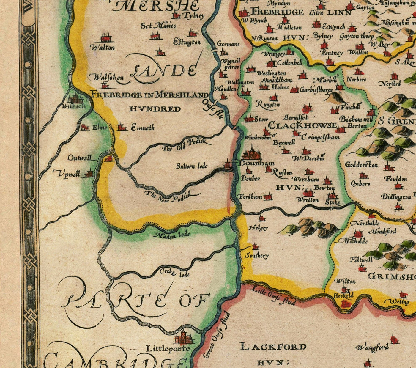 Viejo mapa de Norfolk, 1611 de John Speed ​​- Norwich, Great Yarmouth, King's Lynn, Thetford