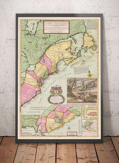 Mapa antiguo de North America 1715 por Herman Moll - Nueva Inglaterra, Nueva Escocia, Nueva York, Carolina, Francés y Trece Colonias británicas