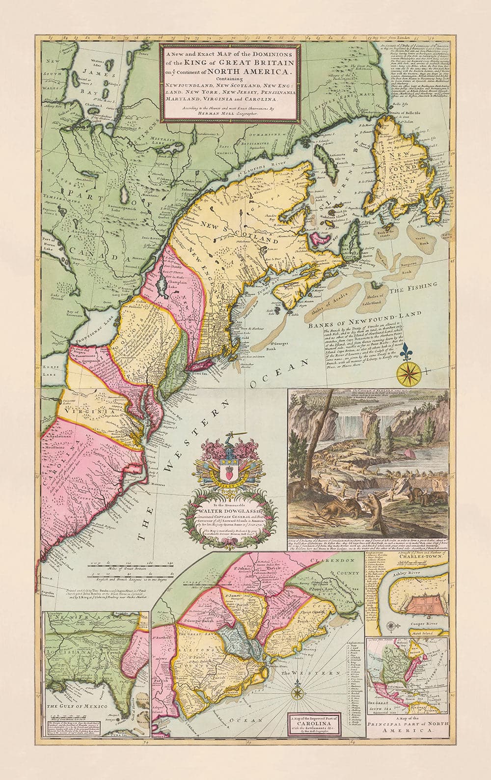 Ancienne carte de l'Amérique du Nord 1715 par Herman Moll - Nouvelle-Angleterre, Nouvelle Écosse, New York, Caroline, Français et treize Colonies britanniques
