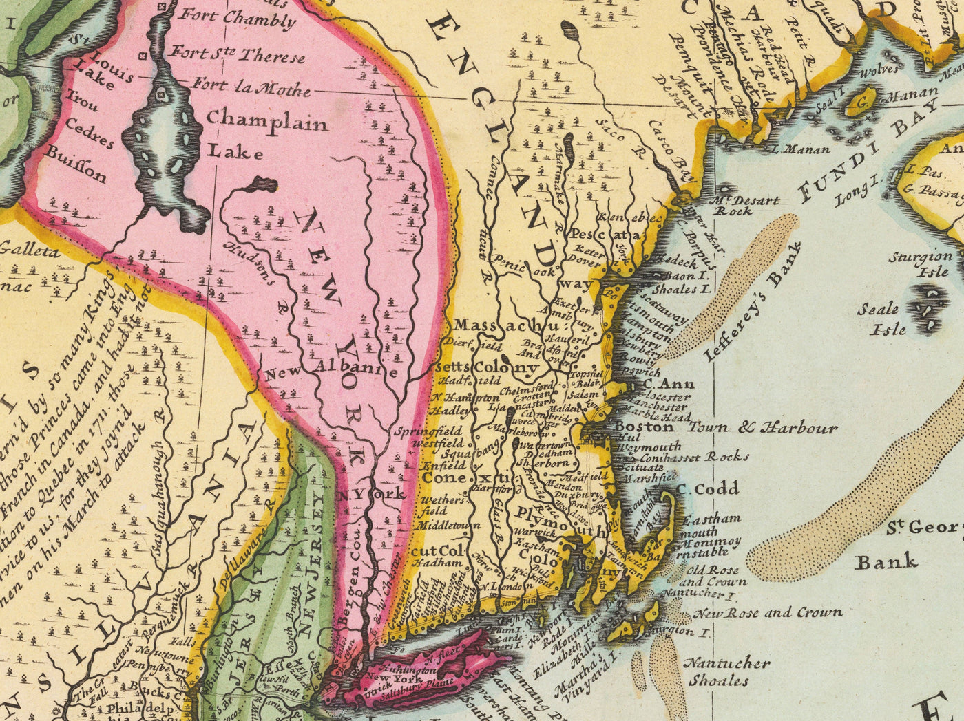 Mapa antiguo de North America 1715 por Herman Moll - Nueva Inglaterra, Nueva Escocia, Nueva York, Carolina, Francés y Trece Colonias británicas