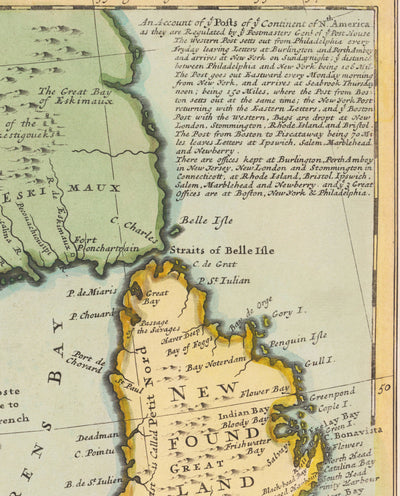 Ancienne carte de l'Amérique du Nord 1715 par Herman Moll - Nouvelle-Angleterre, Nouvelle Écosse, New York, Caroline, Français et treize Colonies britanniques