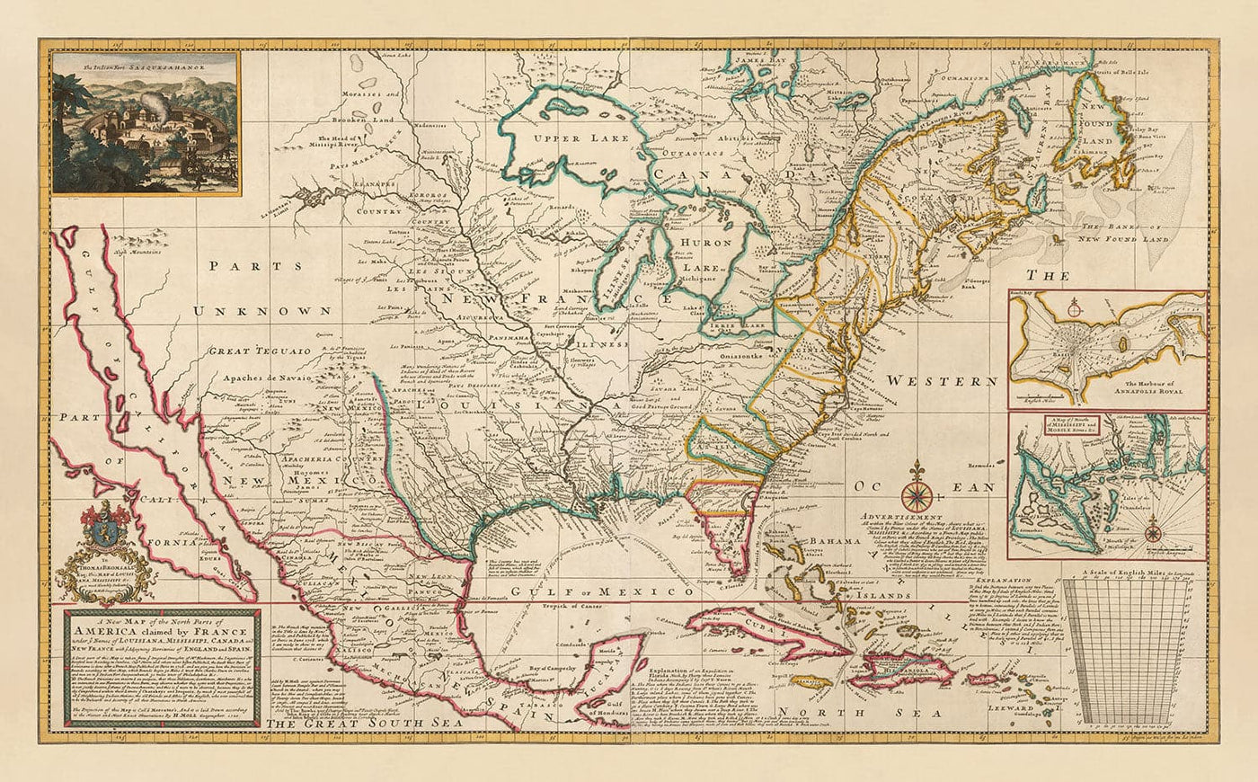 Mapa antiguo de North America, 1720 por Herman Moll - USA, Canadá, México - Atlas colonial francés, español e inglés