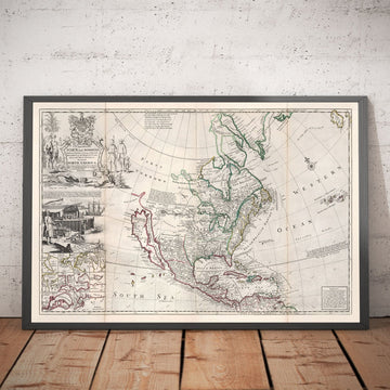 Mapa antiguo de América del Norte, 1719 por Herman Moll - EE. UU., Canadá, México, Caribe, Latín, Atlántico, Pacífico - El &