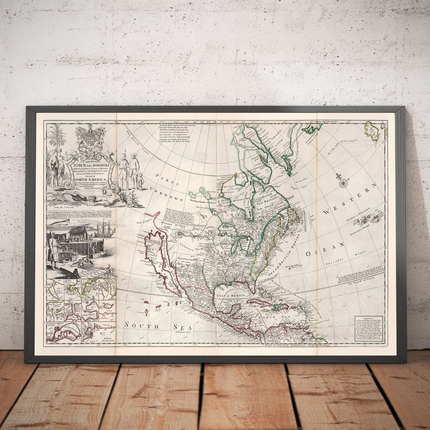Ancienne carte de l'Amérique du Nord, 1719 par Herman Moll - États-Unis, Canada, Mexique, Caraïbes, Latin, Atlantique, Pacifique - La "Carte de la Coderfish"