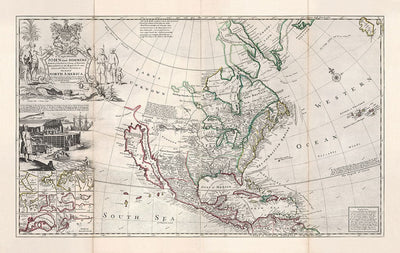 Mapa antiguo de América del Norte, 1719 por Herman Moll - EE. UU., Canadá, México, Caribe, Latín, Atlántico, Pacífico - El 'mapa de bacalao'