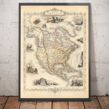 Mappa antica del Nord America, 1851 di Tallis & Rapkin - USA, Canada, Messico, Eschimesi, Castori, Nativi illustrati 