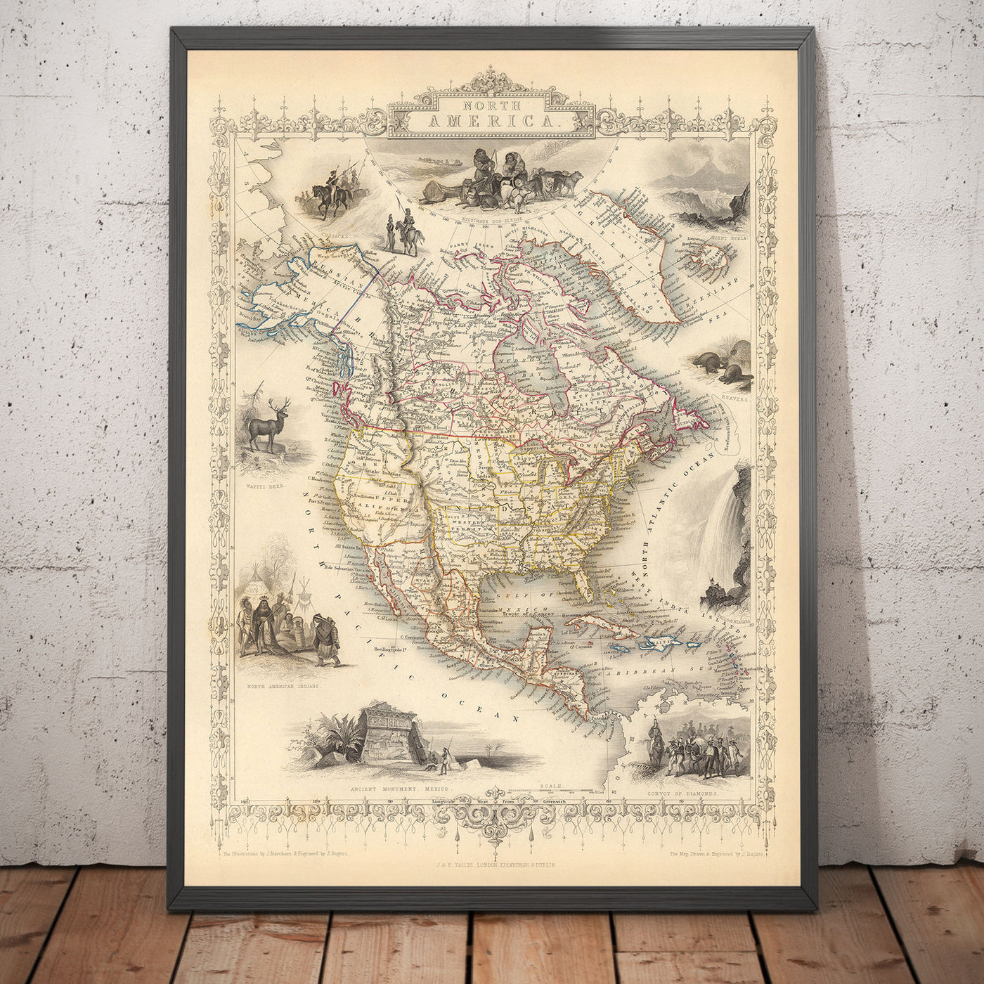 Ancienne carte de l'Amérique du Nord, 1851 par Tallis & Rapkin - Illustration des États-Unis, du Canada, du Mexique, des esquimaux, des castors et des autochtones.